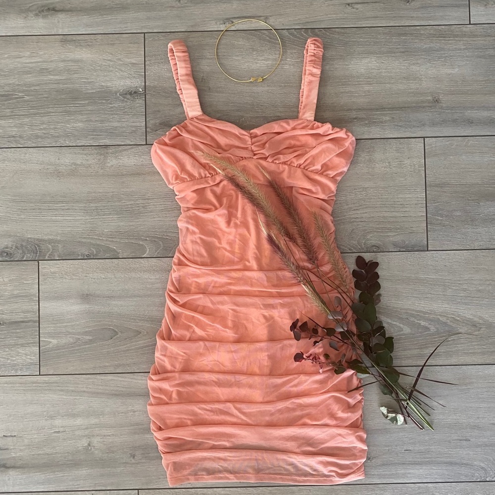 BEBE RUCHED MESH MINI DRESS